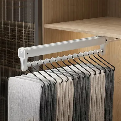 Produktbild von Kleiderstangen, Hosenhalter mit 12 Kleiderbügeln, Hosenauszug, Teilauszug 35cm, Garderobenstange mit Geräuschlose Gleitschiene, Ausziehbar Bügel