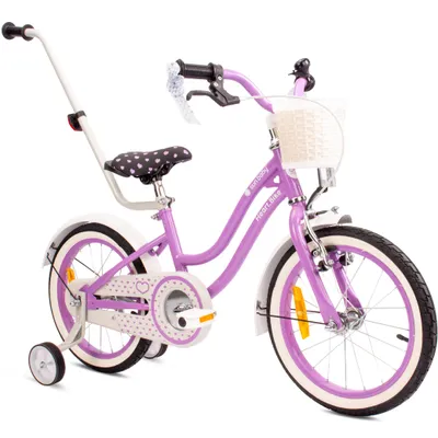 Image de Vélo pour filles SUN BABY Heart Bike 16 pouces, à partir de 4 ans, avec roues d'appoint, barre de poussée amovible, panier, sonnette, frein à rétropédalage et freins V-Brake