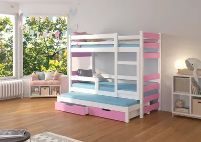 Obrázek produktu pro Patrová postel s přistýlkou a zábranou 80x180 HEMLIA - bílá / růžová