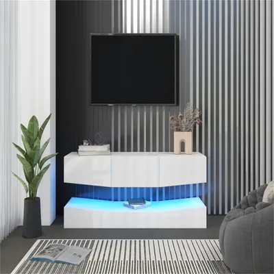 Produktbild von TV-Schrank Weißer Hochglanz-Hänge-TV-Schrank mit LED-Leuchten Wandmontierter schwebender TV-Schrank