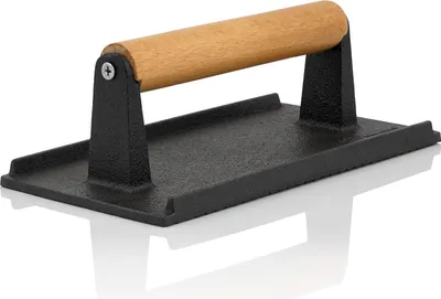 Produktbild von Famanu Fleischgewicht aus Gusseisen - 21 x 11 cm - 1 kg - Burger Grillgewicht mit Holzgriff