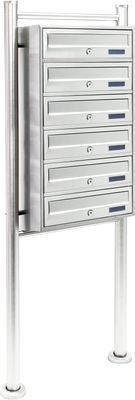 Wiltec 6er Briefkastenanlage Edelstahl 513 x 270 x 1500 mm, Standbriefkasten mit 6 Fächern, Schlüssel und Namensschild, Briefkasten Postkasten mit Ständer