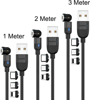 Obrázek produktu pro Sada 3 magnetických nabíjecích kabelů (1 metr + 2 metry + 3 metry) SOONTEC magnetický nabíjecí kabel otočný o 360° a 180° se 3 konektory, každý Micro USB/ USB-C/ Lightning 2,4 A nabíjecí kabel (černý)