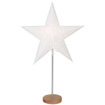 A white star-shaped lamp with small lights is displayed on a white background, supported by a gray pole and a round wooden base.