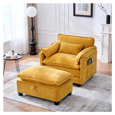 Produktbild von Moderner übergroßer Sessel mit Fußstütze und Hocker, Samt-Loungesessel mit Seitentaschen und Kissen, bequemer Lesesessel für Wohnzimmer, Wohnung und Schlafzimmer (Gelb)