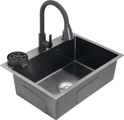 Immagine prodotto di Lavello da cucina - Vasca singola - 60 x 45 x 20 cm - Acciaio inossidabile 304 - Con rubinetteria - 1 foro - Nero