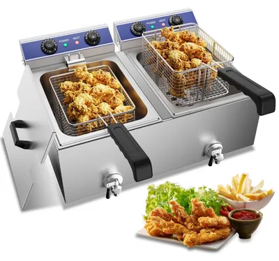 Elektrische Friteuse 2×6 l, Edelstahl, 2500 W, Timer, Thermostat