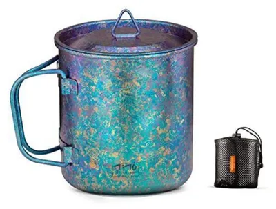 Produktbild von Titan Tasse Camping 450 ml faltbarer Griff mit Deckel leuchtendes Blau