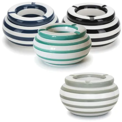 Produktbild von LS-LebenStil XL Sturm-Aschenbecher 14x9cm Maritim Grau Weiß Keramik mit Deckel Wind-Aschenbecher Stand-Ascher Ashtray Maritim Streifen draußen groß