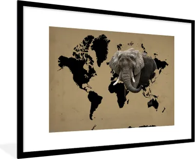 Produktbild von MuchoWow® MuchoWow® Gerahmtes Poster Weltkarte - Schwarz - Elefant 90x60 cm - Poster mit zchwarzem Bilderrahmen - Wanddekoration - Fotos
