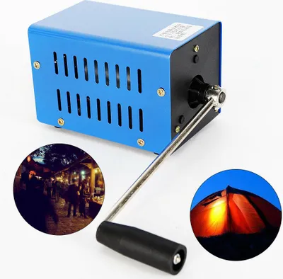 A blue hand-crank generator with two inset circular images showing a market scene and a lit tent.