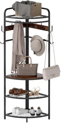 Produktbild von Ibenzoa® Eckgarderobe mit 11 Haken (6 fest, 5 verstellbar) – verstellbare Ablagen, Haken 20 kg / Ablagen 80 kg, Anti-Kipp, Kleider‑/Schuh‑ & Aufbewahrungsregal