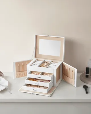 Obrázek produktu pro SONGMICS Šperkovnice 4 úrovně, s rukojetí, 3 zásuvky, zrcadlo, zámek