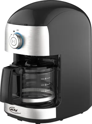 A black and silver coffee maker on a white background.
