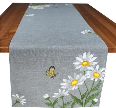 Produktbild von heimtexland ® Läufer Tischdecke Leinen-Optik bestickt Deko Esszimmer Serie Margariten Blumen Tischwäsche grau Stickerei Schmetterling Tischband Frühling Typ886 Tischläufer 40x140 cm weiß gelb