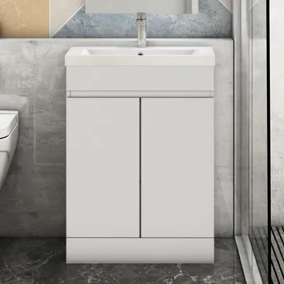 Produktbild von Badmöbel set 60cm Weiß Matt Badezimmermöbel Unterschrank mit Weiß Mineralguss Waschtisch,Badschrank mit 2 Türen,Selbstmontierter Unterschrank,Standschrank