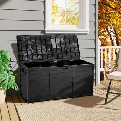 Produktbild von Livingandhome Gartenbox aus Kunststoff, 290L, 112 x 49 x 54 cm, mit Rollen, Wetterfest, Schwarz