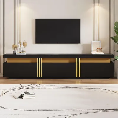 Produktbild von TV-Lowboard 200 cm in Schwarz, TV-Board in Marmor-Optik mit drei Schubladen und Kabelauslass, 200x40x42cm für Fernseher bis 90 Zoll