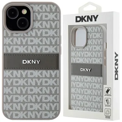 Produktbild von DKNY Leder-Monostreifen und Metalllogo - iPhone 15 Plus / 14 Plus Hülle (Beige)