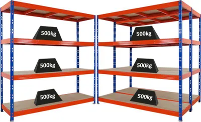 Produktbild von Mega Deal | 3x Profi Schwerlastregal Rhino | HxBxT 200x200x60cm | 4 Spanplatten-Ebenen 8mm | Fachlast 500kg | Blau-Orange