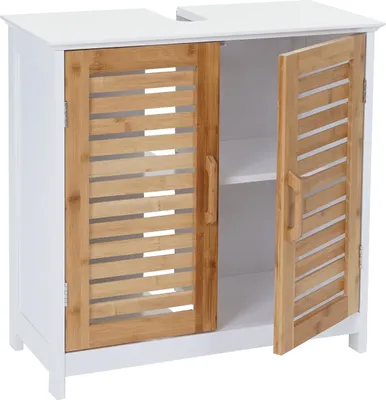 Produktbild von Toaletní stolek HWC-B41, koupelnová skříňka s úložným prostorem, bambusová MDF 60x60x30cm MVG  bílo-hnědá