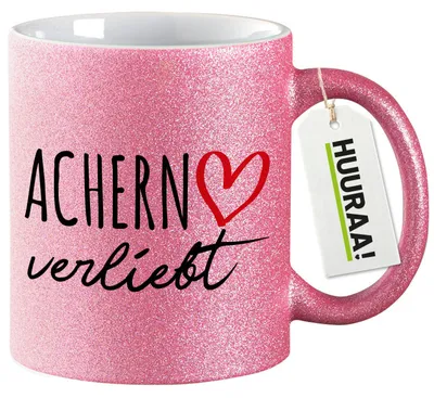 Produktbild von Huuraa Glitzertasse Achern verliebt 330ml Pink Keramik Kaffeebecher Geschenkidee
