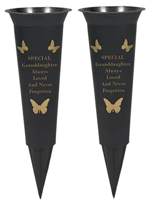 Grabvasen 2er-Set Kunststoff mit Versen und Schmetterling, 33 cm