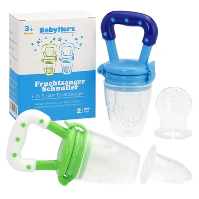 Produktbild von Baby Fruchtsauger 2er Set – BPA-freier Silikon Schnuller & Beißring für Beikost, Obst, Gemüse und Tiefkühlfrüchte (Blau)