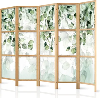 Produktbild von Paravent XXL 225x171 cm 5-teilig einseitig eleganter Sichtschutz Raumteiler Trennwand Raumtrenner Holz Design Motiv Deko Home Office grüne Blätter Botanik b-C-0876-bh-a
