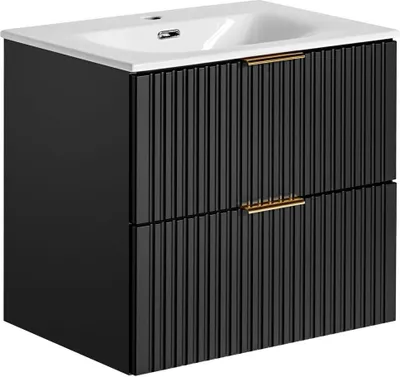 Produktbild von Waschtischunterschrank mit Waschbecken 60cm ADELAIDE-56-BLACK in matt schwarz mit gerillter Front, B/H/T ca. 61/58,5/46 cm