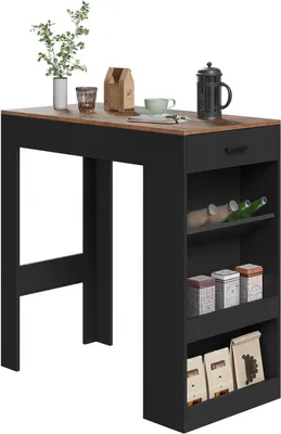Produktbild von WOLTU Bartisch, Stehtisch mit 1 Schublade & 3 Ablagen, Küchentisch mit Weinregal : Schwarz Farbe: Schwarz
