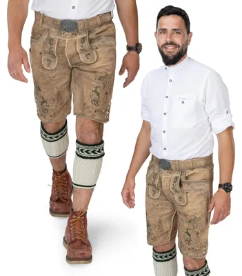 Productafbeelding van Korte lederen broek voor heren met traditionele riem - zandkleurig