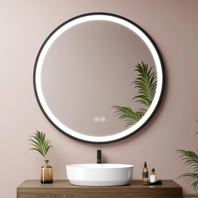 Obrázek produktu pro EMKE LED koupelnové zrcadlo kulaté o průměru 80 cm LED zrcadlo koupelnové zrcadlo s osvětlením 3 barvy světla 3000-6500K studená bílá neutrální teplá bílá stmívatelné osvětlené zrcadlo s dotykovým spínačem IP44 energeticky úsporné (černé provedení)