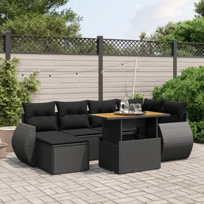 Produktbild von Design 7-tlg. Garten-Sofagarnitur mit Kissen Schwarz Poly Rattan, Gartenmöbel-Sets 2024 Neu