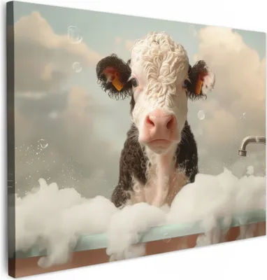 Produktbild von MuchoWow® - Leinwandbilder - Kalb - Kuh - Bad - Tiere, Wandbild, Wanddeko Bilder Wohnzimmer, 80x60 cm