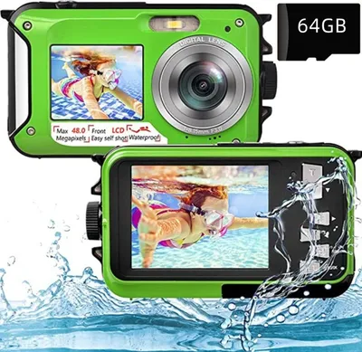 Produktbild von 2,7K Unterwasserkamera, 48 MP, Autofokus wasserdichte Kamera, Dual Screen Selfie Kamera, schwimmfähige Digitalkamera mit 64 GB Speicherkarte