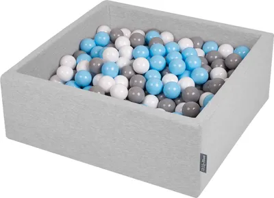Produktbild von KiddyMoon bällebad 90x30cm/200 bälle ∅ 7cm bällepool mit bunten bällen für babys kinder quadrat, hellgrau:grau/weiß/babyblau