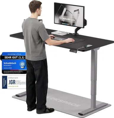 Produktbild von DESKSPACE PRO Plus Elektrisch höhenverstellbarer Schreibtisch, 140x70 cm Stehpult mit Memory-Funktion, Schwarze Tischplatte, Graues Gestell
