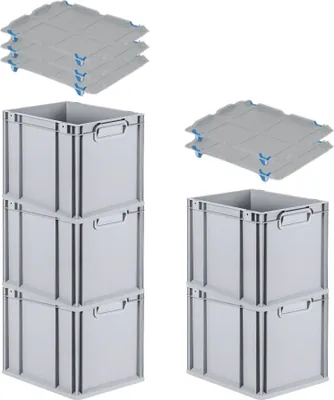 Produktbild von SparSet 5x Eurobox NextGen Grip mit Auflagedeckel inkl. 4 blauen Schiebeschnappverschlüssen | HxBxT 32x30x40cm | 30 Liter | Grau | Griffe geschlossen | Glatter Boden | Eurobehälter, Transportbox, Transportbehälter, Stapelbehälter