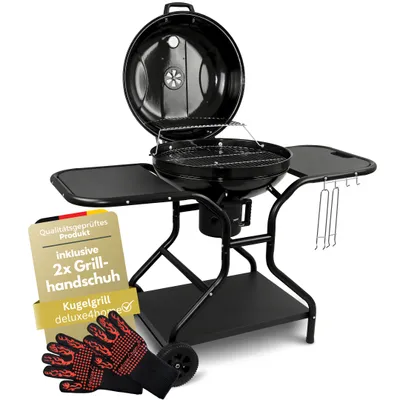 Produktbild von deluxe4home® Kugelgrill Ø55 cm mit Ablagefläche I Rollbarer Grillwagen mit Deckel I BBQ Holzkohlegrill, Grill rund für Holzkohle Barbecue