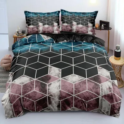 Productafbeelding van Bettenset, 3-delig, 200x220 cm + 80x80 cm, microvezel, geometrisch patroon, zwart en blauw, met rits