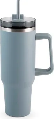 Produktbild von Grauer Thermobecher aus Edelstahl mit Strohhalm, 1,2 l