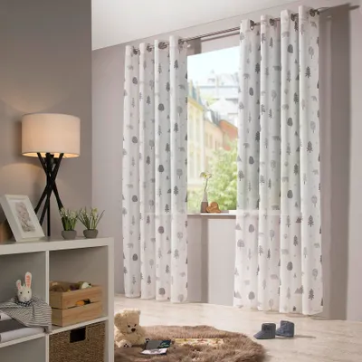 Produktbild von heimtexland ® Kinder Vorhang Kindergardine Wald Bär Leinen Optik Natur Grau Deko Gardine Kinderzimmer Halbtransparent  Typ563 Ösenchal HxB 245x135 cm