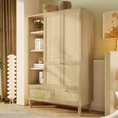 Produktbild von Merax Kleiderschrank mit 2 Türen und 2 Schubladen, Schlafzimmerschrank Kleiderstange mit Rattan-Flechten und offene Ablage, Garderobenschrank, Eiche