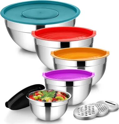 Produktbild von Homikit Edelstahl Rührschüssel Set 5er mit luftdichtem Deckel & Reibenaufsätzen