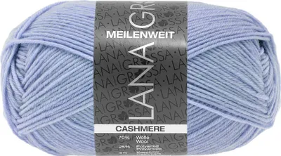A ball of light blue yarn with a label wrapped around it.