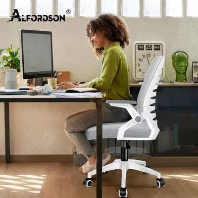 Produktbild von ALFORDSON Bürostuhl, Lendenstütze, Atmungsaktives Netz und Stoff, Hochklappbare/Verstellbare Armlehnen, Hochwertiger Schaumstoff, Weiß
