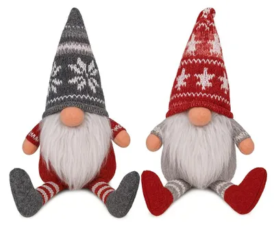 Produktbild von Wichtel Figuren Set 2-teilig – 21,5 cm – Skandinavische Weihnachtsdeko – Deko Wichtel „Norway“ mit Schlenkerbeinen – Stofffiguren rot & grau mit Bart – Sitzende Winterdeko für Fensterbank & Regal