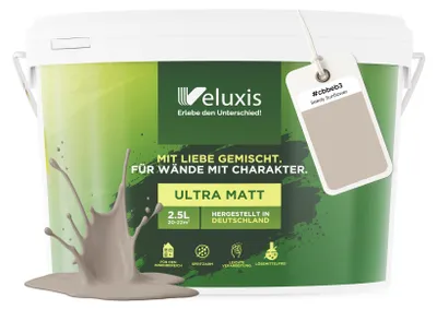 Produktbild von Wandfarbe Beige Hellgrau Creme Matt Innenfarbe – Deckkraft Klasse 1, VOC-frei, Ohne Grundierung, Tropfarm – Wohnzimmer & Schlafzimmer – 2,5L – Veluxis (Seedy Sunflower)