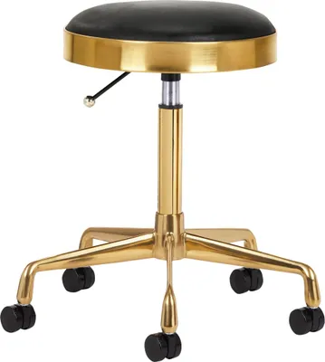 A studio shot of a black and gold rolling stool.